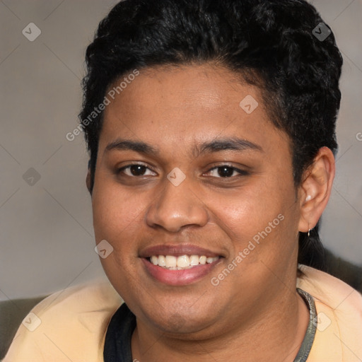 Joyful latino young-adult female with short  brown hair and brown eyes