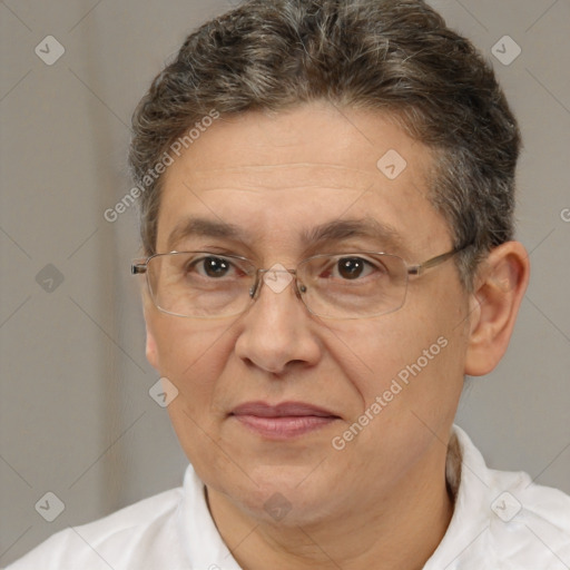 Joyful white middle-aged male with short  brown hair and brown eyes