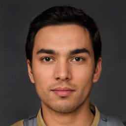 Neutral white young-adult male with short  black hair and brown eyes