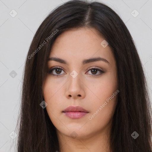 Neutral asian young-adult female with long  brown hair and brown eyes