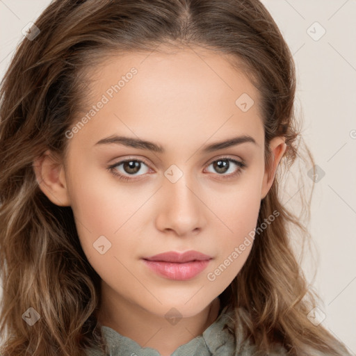 Neutral white young-adult female with long  brown hair and brown eyes