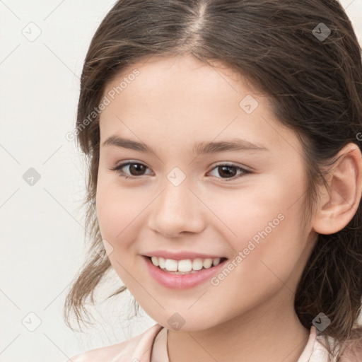 Joyful white child female with medium  brown hair and brown eyes