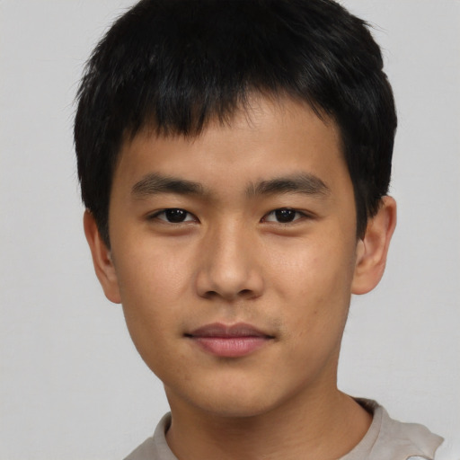 Neutral asian young-adult male with short  brown hair and brown eyes