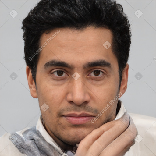 Neutral latino young-adult male with short  black hair and brown eyes