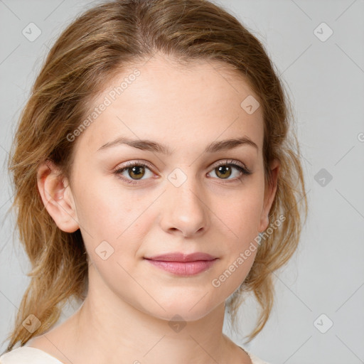 Joyful white young-adult female with medium  brown hair and green eyes