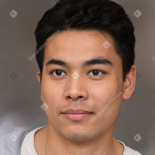 Neutral asian young-adult male with short  black hair and brown eyes