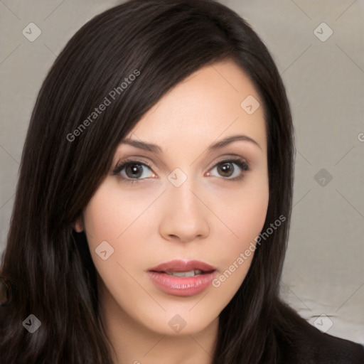 Neutral white young-adult female with long  brown hair and brown eyes