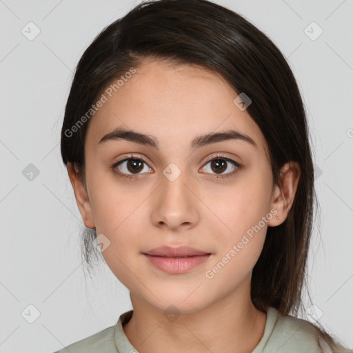 Neutral white young-adult female with medium  brown hair and brown eyes