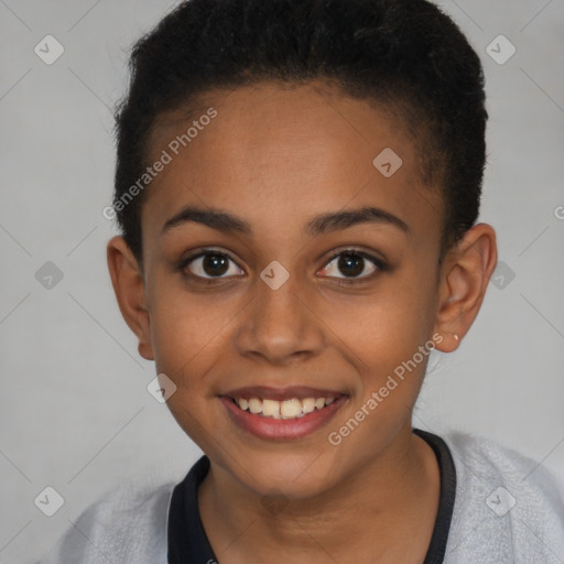 Joyful latino young-adult female with short  black hair and brown eyes