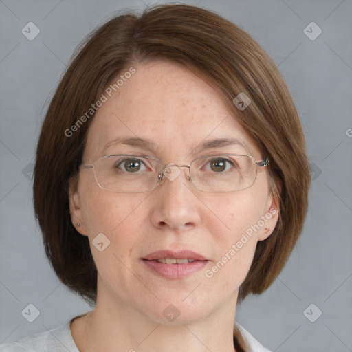 Joyful white adult female with medium  brown hair and grey eyes