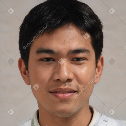 Joyful asian young-adult male with short  black hair and brown eyes