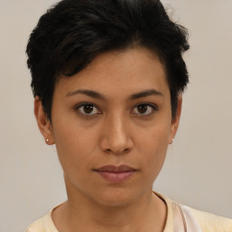 Neutral asian young-adult female with short  brown hair and brown eyes