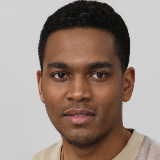 Neutral black young-adult male with short  black hair and brown eyes