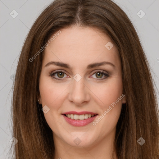 Joyful white young-adult female with long  brown hair and green eyes