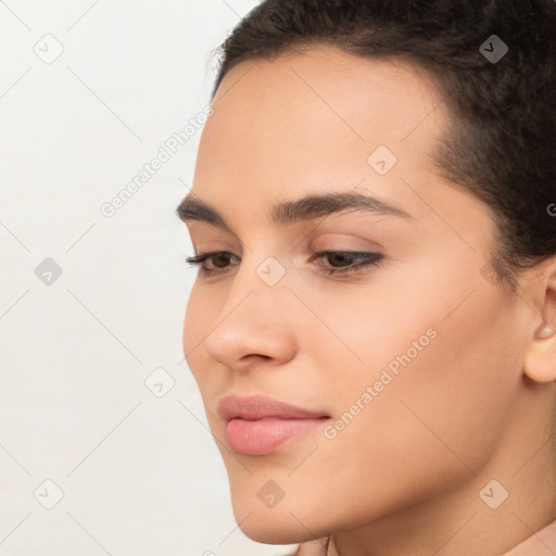 Neutral white young-adult female with short  brown hair and brown eyes