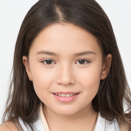 Joyful white child female with long  brown hair and brown eyes