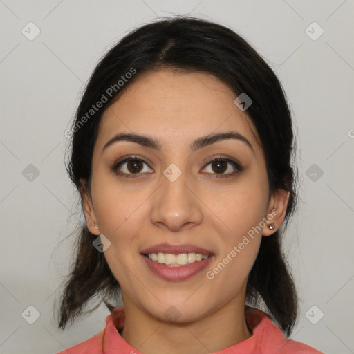 Joyful white young-adult female with medium  black hair and brown eyes