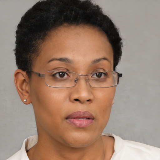 Neutral black adult female with short  brown hair and brown eyes