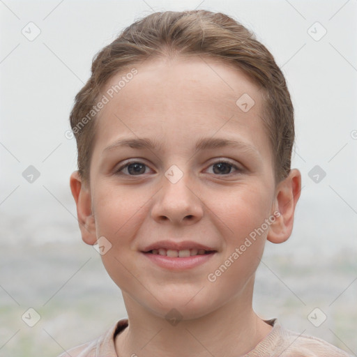 Joyful white child female with short  brown hair and grey eyes