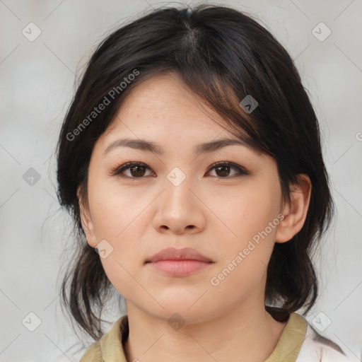 Neutral asian young-adult female with medium  brown hair and brown eyes