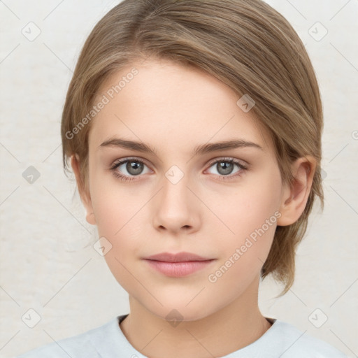 Neutral white young-adult female with medium  brown hair and grey eyes