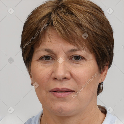 Joyful white adult female with medium  brown hair and brown eyes