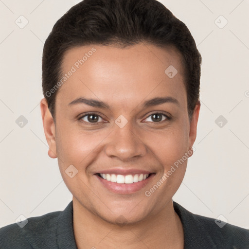 Joyful white young-adult female with short  brown hair and brown eyes