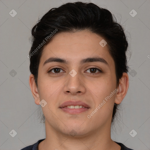 Joyful white young-adult female with short  brown hair and brown eyes