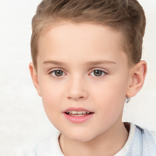 Joyful white child female with short  brown hair and brown eyes