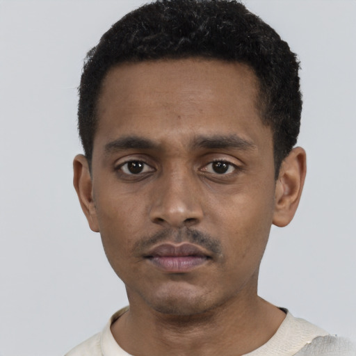 Neutral black young-adult male with short  black hair and brown eyes