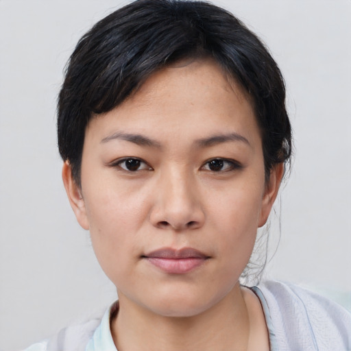 Neutral asian young-adult female with short  black hair and brown eyes