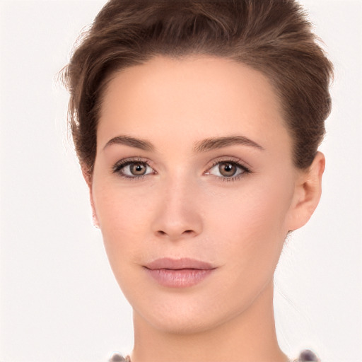 Neutral white young-adult female with short  brown hair and brown eyes