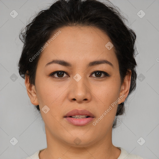 Joyful asian young-adult female with short  brown hair and brown eyes