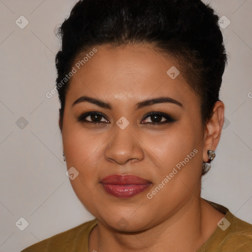 Joyful latino young-adult female with short  brown hair and brown eyes