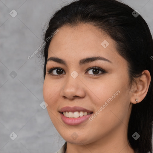 Joyful asian young-adult female with medium  brown hair and brown eyes