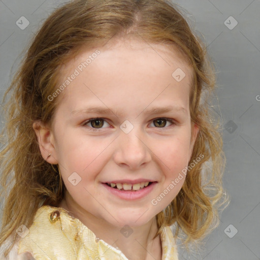 Joyful white child female with medium  brown hair and brown eyes