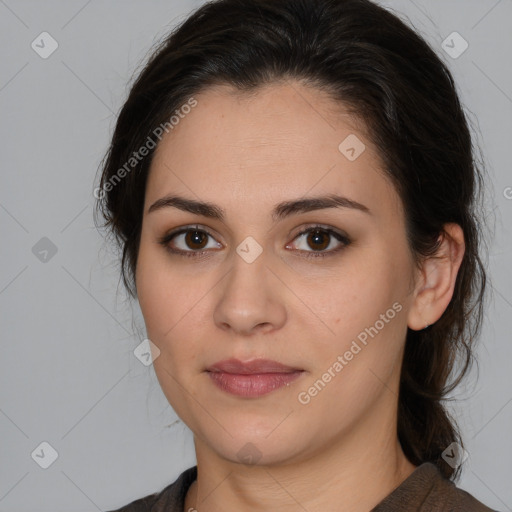 Neutral white young-adult female with medium  brown hair and brown eyes