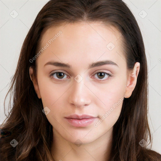 Neutral white young-adult female with long  brown hair and brown eyes