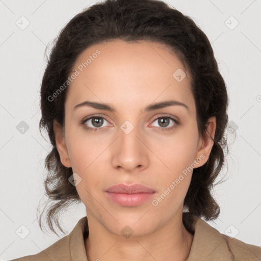 Neutral white young-adult female with medium  brown hair and brown eyes