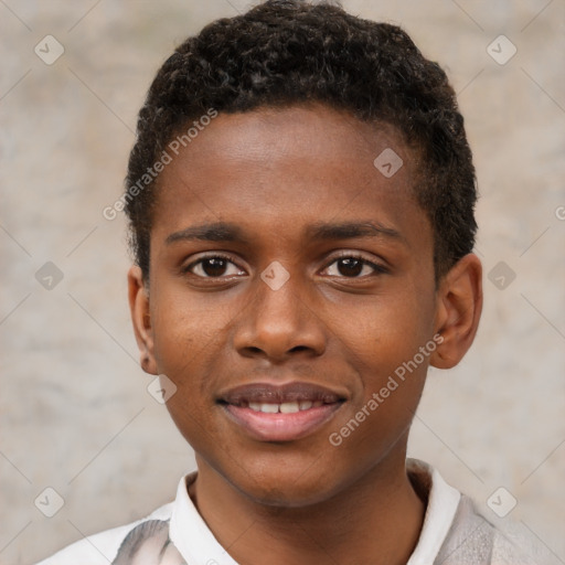 Joyful black young-adult male with short  brown hair and brown eyes