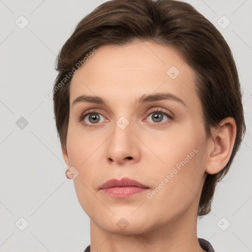 Neutral white young-adult female with medium  brown hair and brown eyes