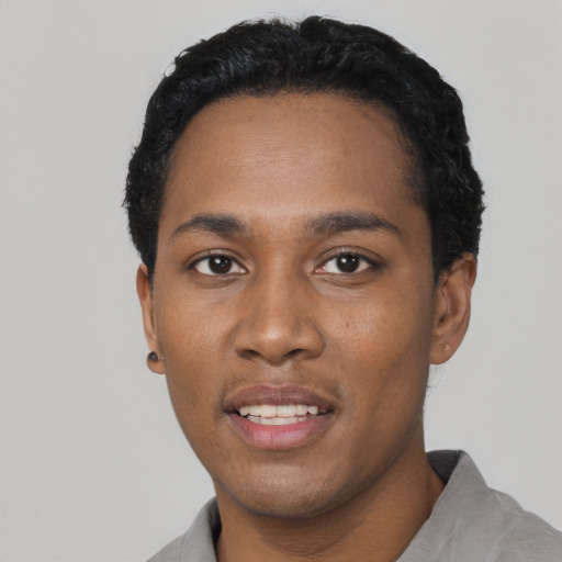 Neutral black young-adult male with short  black hair and brown eyes