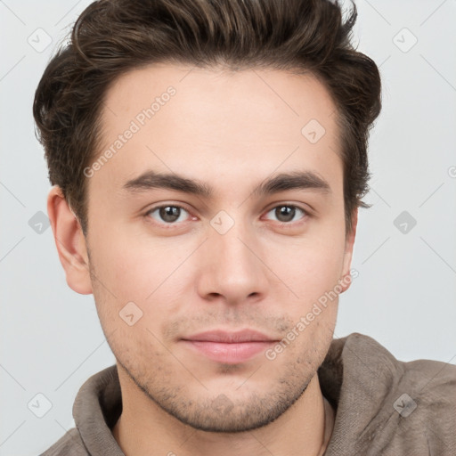 Neutral white young-adult male with short  brown hair and brown eyes