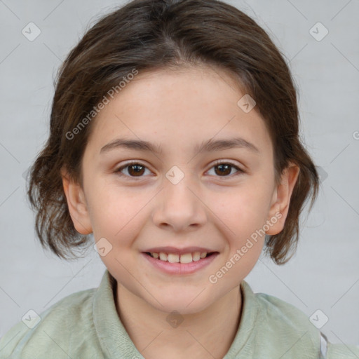 Joyful white child female with medium  brown hair and brown eyes