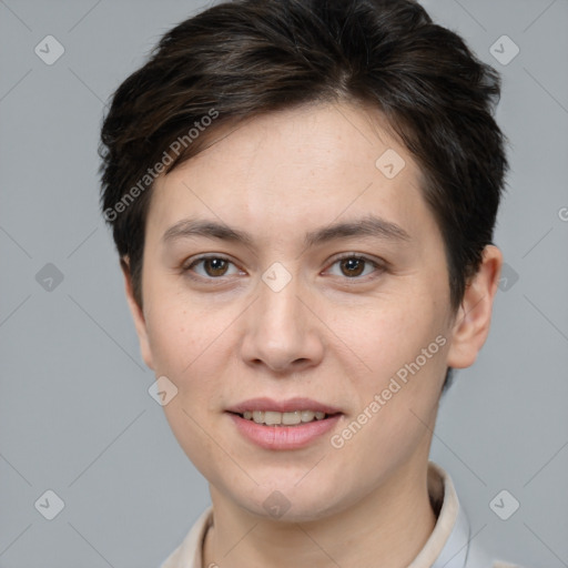 Joyful white young-adult female with short  brown hair and brown eyes