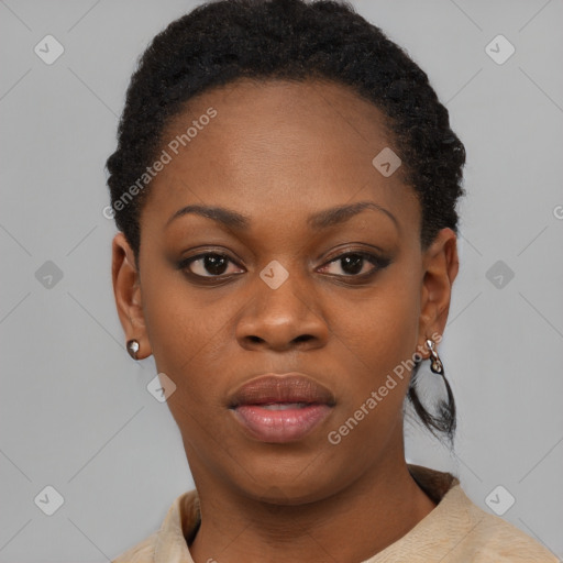 Neutral black young-adult female with short  black hair and brown eyes