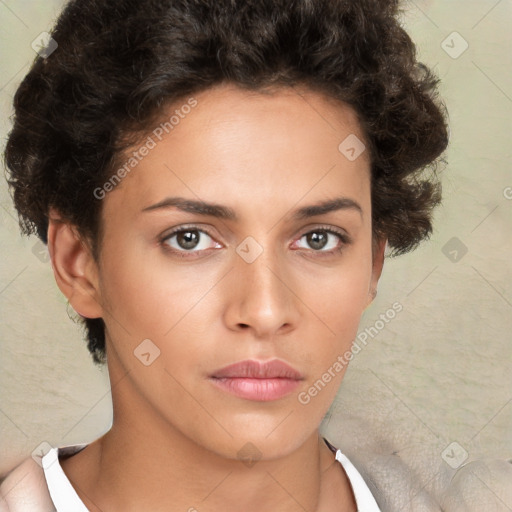 Neutral white young-adult female with short  brown hair and brown eyes