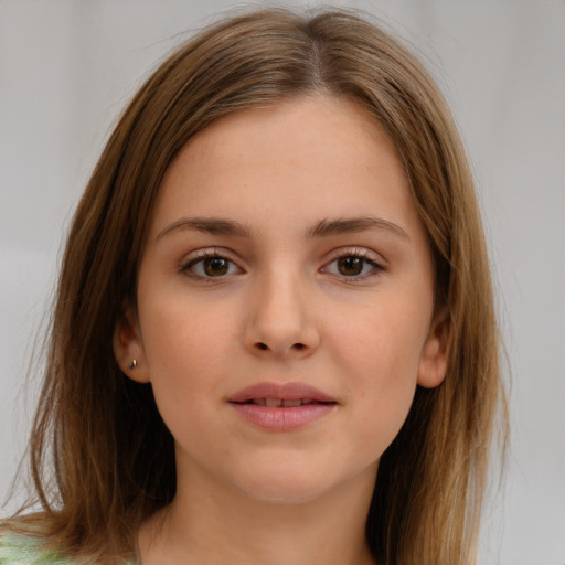 Neutral white young-adult female with medium  brown hair and brown eyes