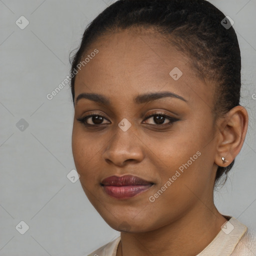 Joyful latino young-adult female with short  brown hair and brown eyes