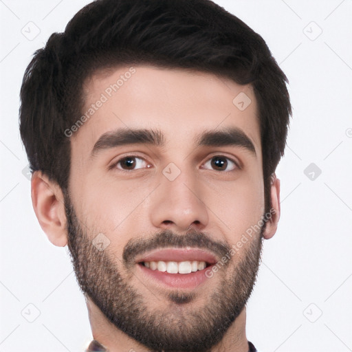 Joyful white young-adult male with short  black hair and brown eyes